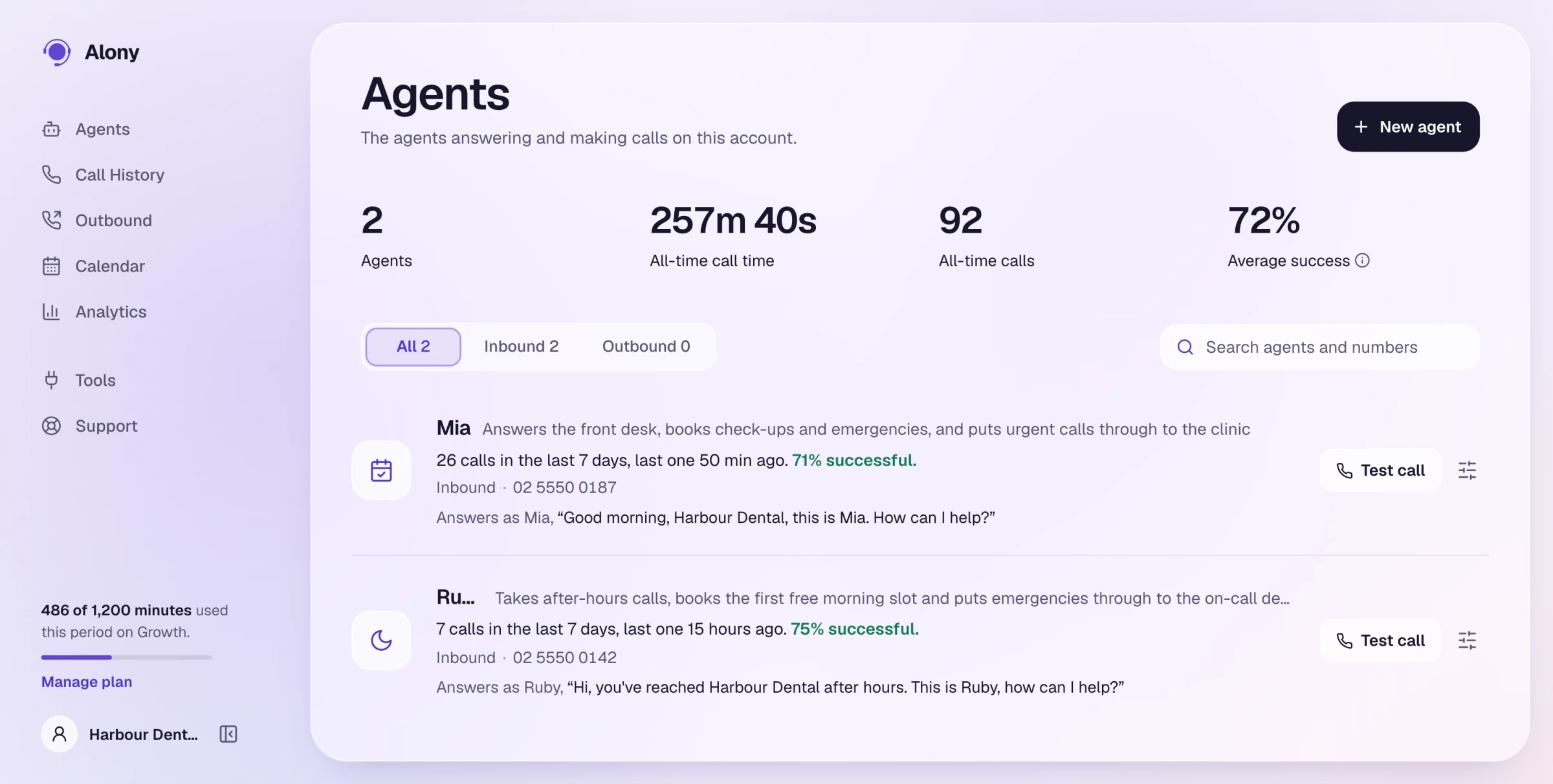 The agents screen, switching between Alony's brand and a sample agency's logo and colours