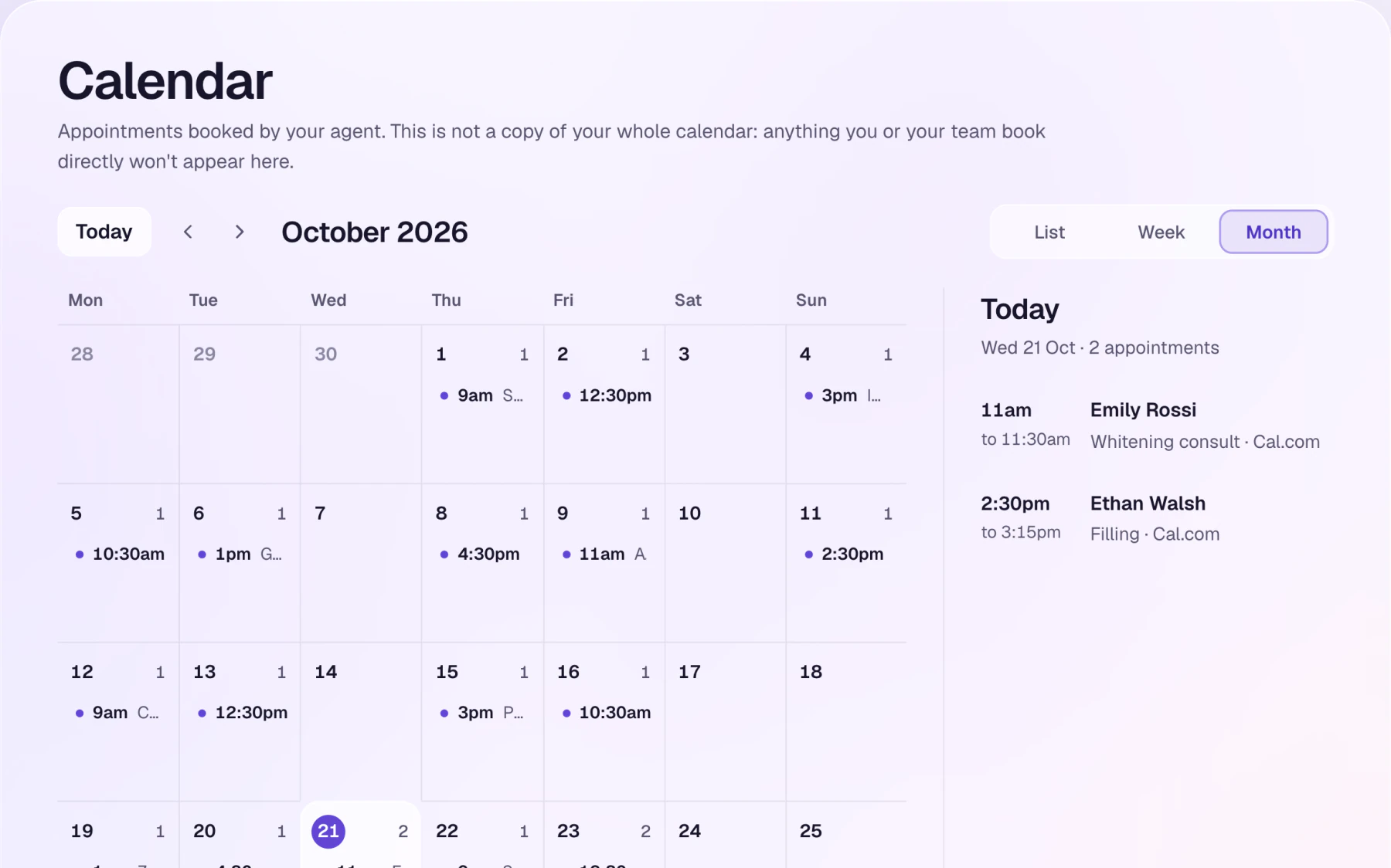 The calendar, connected to Cal.com