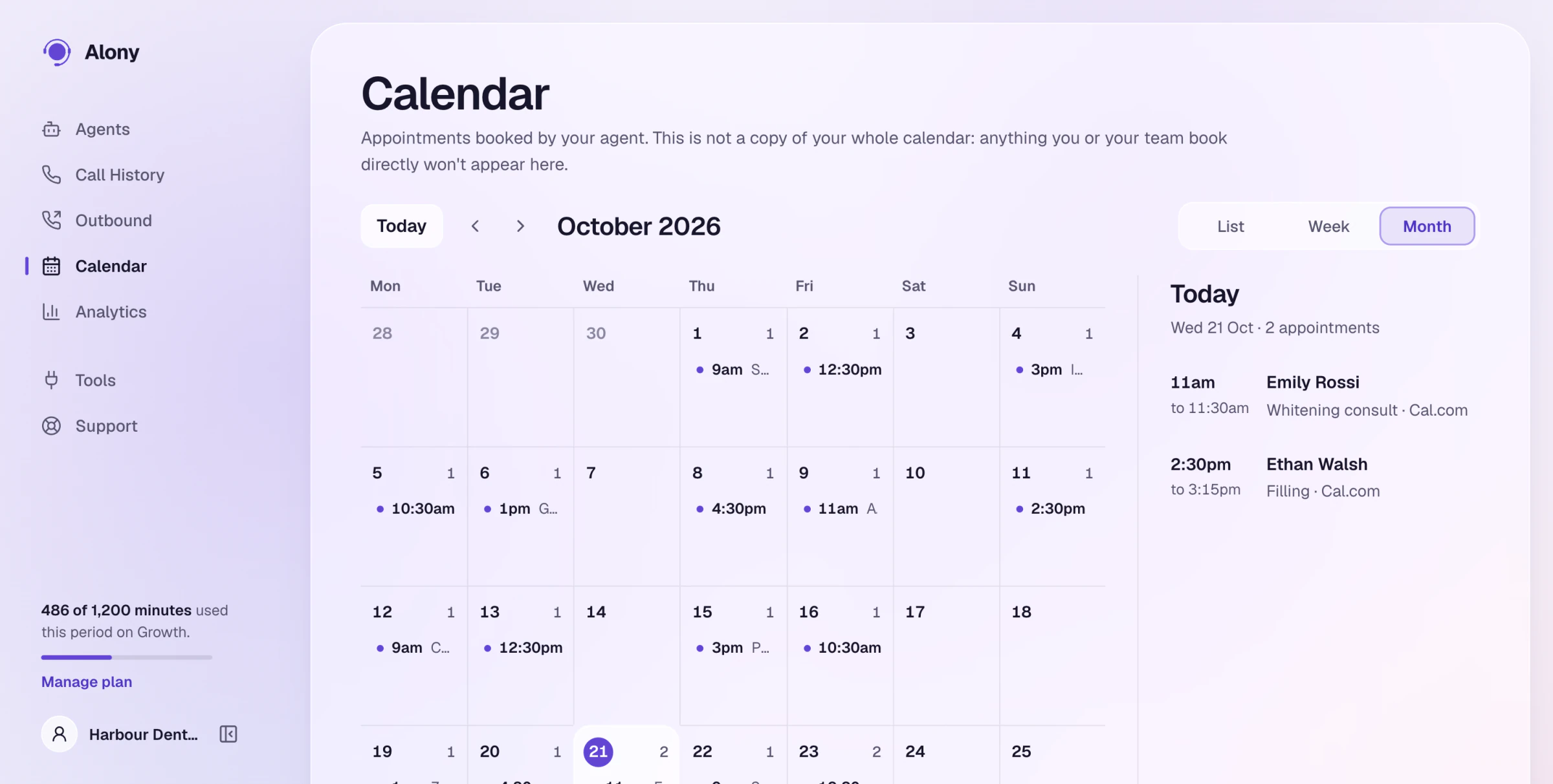 Calendar of appointments the agent booked