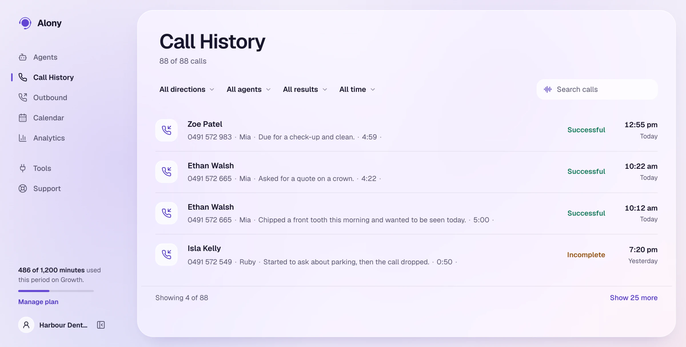 Call history with a summary and recording