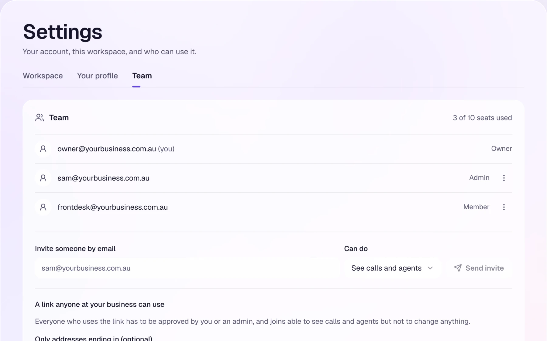 Team settings: seats, invites and a business link