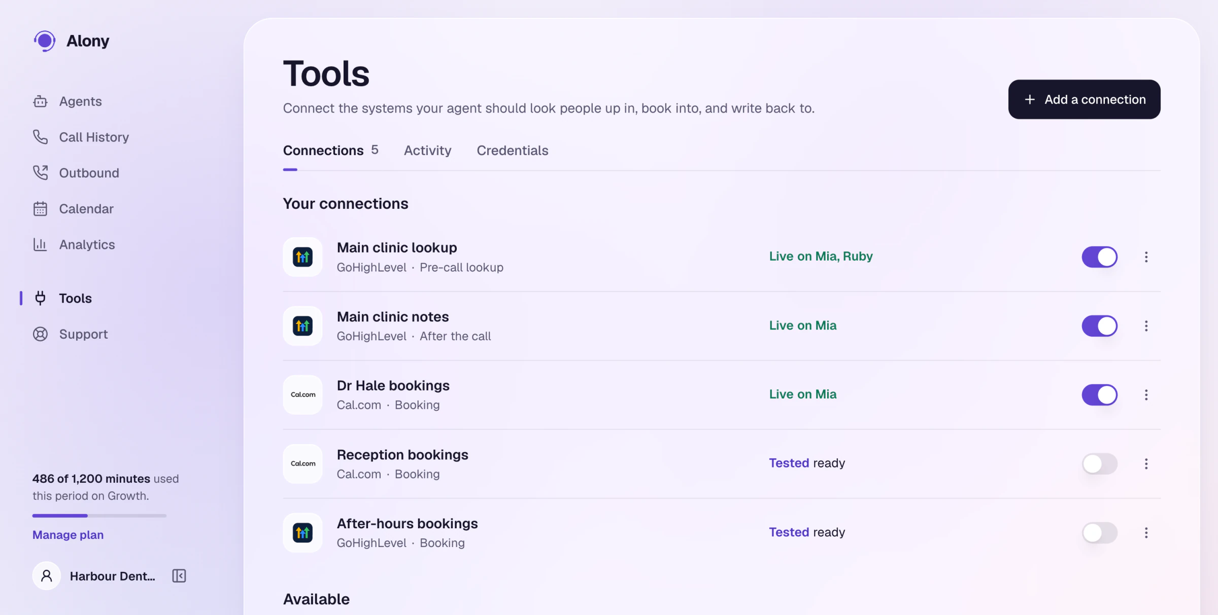 The Tools tab with GoHighLevel and Cal.com connected